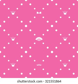 Princess Seamless Pattern vector pink background with crowns and fan