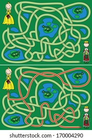 Princess in a search for frog prince - maze for kids with a solution