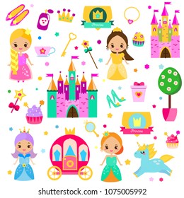 Princess set. Big collection of vector fairy tales girls elements. Castle, unicorn, carriage and other. For stickers, scrapbook, mobile apps and kids design