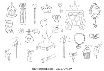 Princess set cute hand drawn sketch. Girl magic fairy mirror, pageant, crown, fairytale fantasy. Royal accessory. Letter and key.