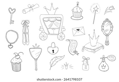 Princess set cute hand drawn sketch. Girl magic fairy mirror, pageant, crown, fairytale fantasy. Royal accessory. Letter and key.