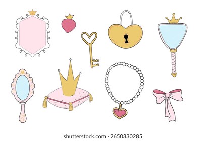 Princesa definir bonito mão desenhado esboço. Espelho de fadas mágico menina, concurso, coroa, fantasia de conto de fadas. Acessório real. Carta e chave.