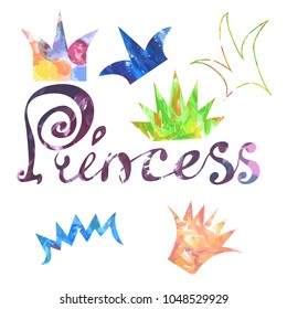 PRINCESS WITH set of different types of crowns with watercolor texture of different colors on a white background