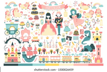 Princess Set. Fairy kingdom, prince, fairy, unicorn, dragon, castles, carriage, and much more. Vector illustration in cartoon scandinavian style. Perfect for invitations, cards textile prints