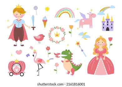 Princess Set. Fairy kingdom, prince, fairy, unicorn, dragon, castles, carriage, and much more. Vector illustration in cartoon style. Perfect for invitations, cards textile prints EPS