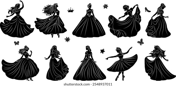 Conjunto de princesa, silueta negra de la reina, Vector