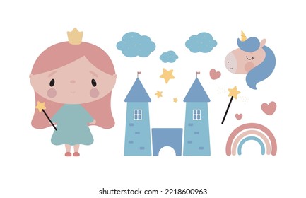 Princess set. Princess, unicorn, castle, magic wand, rainbow. Vector illustration on a white background. For card, posters, stickers, printing on the pack, printing on clothes, fabric.
