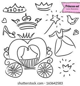 Princess set in vector, doodle illustration, hand drawn design element isolated