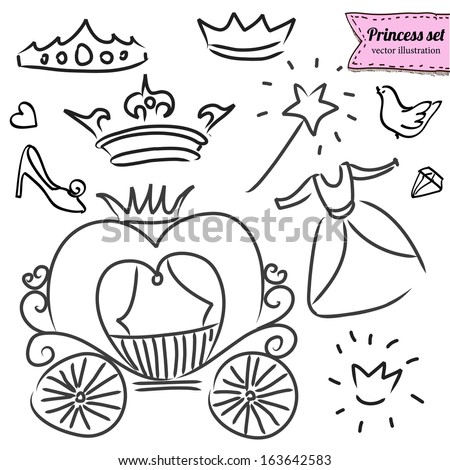 Princess set in vector, doodle illustration, hand drawn design element isolated