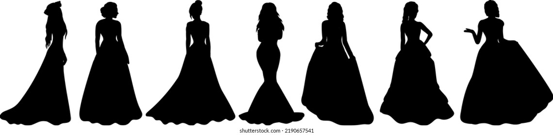 princess silhouette in dresses collection isolated, vector