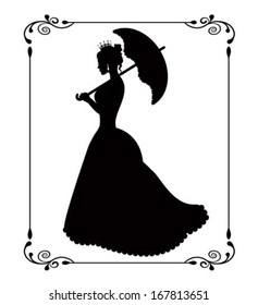 princess silhouette with umbrella patterned retro frame on a white background 