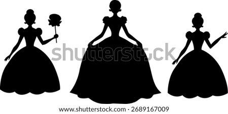 Princess silhouette vector set. Women in ball gown dresses, royal lady figures and fashion design elements. Beauty and grace illustration of black silhouettes