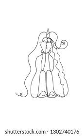 Princess sitting in thought continuous line vector illustration. Girl with long hair one line vector design. Cartoon princess doodle illustration
