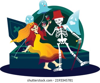Princess, Skeleton and Ghosts at Halloween Party