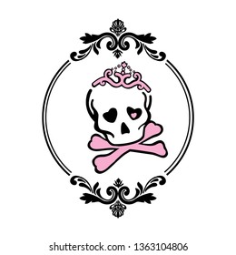 princess skull with tiara inside floral frame, logo template