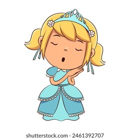 Princess sleeping, standing up, blue dress, napping, gesture, cute, child