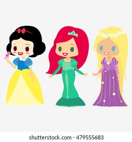 Princess Snow White. Princess Mermaid. Princess Long hair. Set with princesses. Beautiful fairytale girls. Princess Dolls.