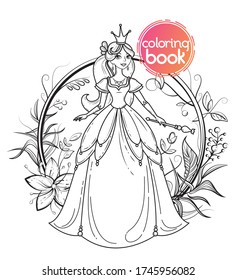 Princess standing in beautiful dress with magic wand. Charming fairy tale girl. Circle frame with flower, leaf, berry. Cartoon vector illustration. Coloring book page or apparel print. Black and white