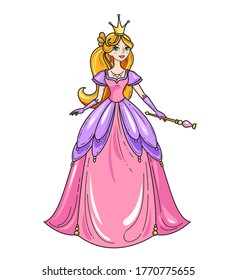 Princess standing in beautiful dress with magic wand. Charming fairy tale girl. Cartoon character colorful vector illustration. Book design element or apparel print. Black line art and color fill