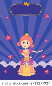 Uma princesa está de pé em frente a um fundo azul com flores rosa