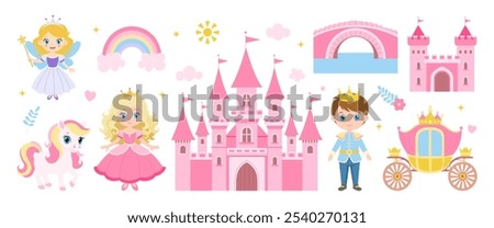 A princess is standing in front of a castle. A castle is also shown in the background. A horse is in the foreground