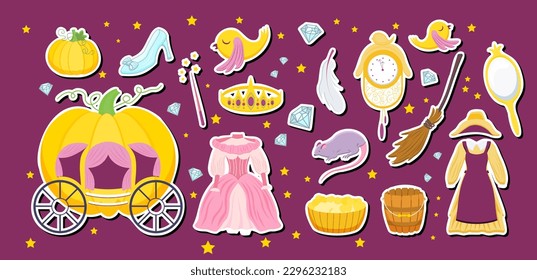 Druckaufkleber-Set. Kürbis-Heirat, Magischer Spiegel, Servante-Kleid und Prinzessin-Kleid. Crystal Slipper, Fairy Wand und Tiara
