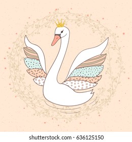 Princess Swan Doodle Vector Illustration. 