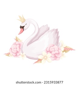 Ilustración vectorial del cisne de princesa. Caricatura aislada lindo personaje animal con corona dorada en la cabeza y ramo de flores pastel, cisne blanco con decoración de hadas para invitación romántica, tarjeta de saludo