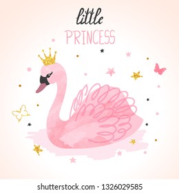 Princess Swan Watercolor Vector Illustration.