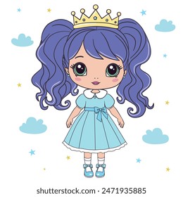 The princess is a sweet little princess. A hand-drawn beautiful, pretty, romantic curly-haired girl Princess. Vector illustration.