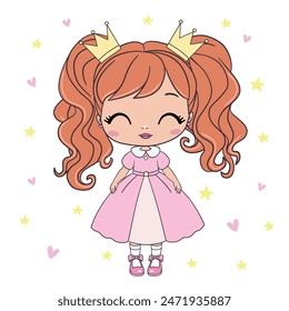 The princess is a sweet little princess. A hand-drawn beautiful, pretty, romantic curly-haired girl Princess. Vector illustration.