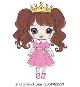 La princesa es una princesita dulce. Una hermosa, bonita y romántica princesa de cabello rizado dibujada a mano. Ilustración vectorial.