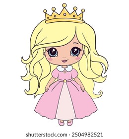 La princesa es una princesita dulce. Una hermosa, bonita y romántica princesa de cabello rizado dibujada a mano. Ilustración vectorial.