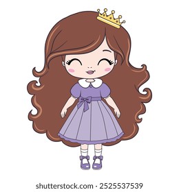 La princesa es una princesita dulce. Una hermosa, bonita y romántica princesa de cabello rizado dibujada a mano. Ilustración vectorial.