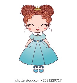 The princess is a sweet little princess. A hand-drawn beautiful, pretty, romantic curly-haired girl Princess. Vector illustration.