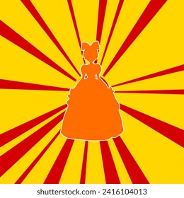 Princess symbol on a background of red flash explosion radial lines. The large orange symbol is located in the center of the sun, symbolizing the sunrise. Vector illustration on yellow background