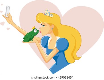 Princess Taking Selfie and Kissing Frog Vector - Drawing of beautiful princess prince frog
