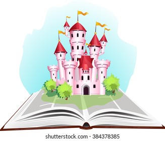 Princess tale book with pink castle and green trees.
