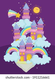 princess tale cartoon castles with rainbows clouds fantasy vector illustration