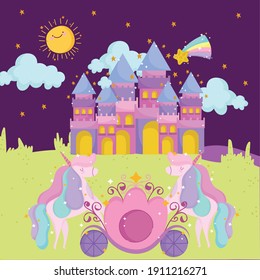 princess tale cartoon cute castle unicorn shooting star and sky vector illustration