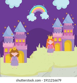 princess tale cartoon princesses character castles rainbow vector illustration