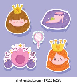 princess tale little girls face crown shoe and carriage cartoon vector illustration