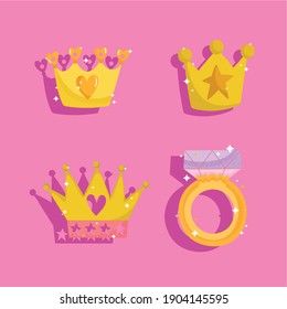 princesa conjunto de iconos coronas y anillo con ilustración vectorial de caricatura de gema