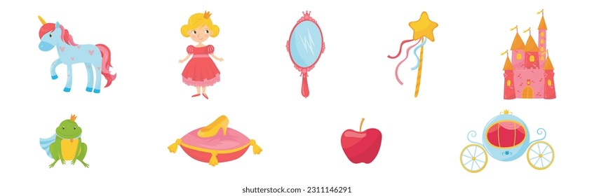 Princess Tale with Unicorn, Castle, Mirror, Shoe, Frog and Carriage Vector Set