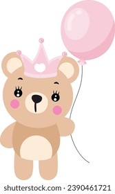 Princess teddy bear holding a pink balloon

