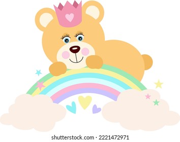 Teddybär auf Regenbogen mit Wolken und Sternen
