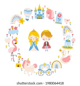 Princess template with animals and birds, unicorn, flamingo, swan. Castle, carriage, balloon. Lovely characters. Vector illustration in a simple cartoon hand-drawn Scandinavian style in a pastel