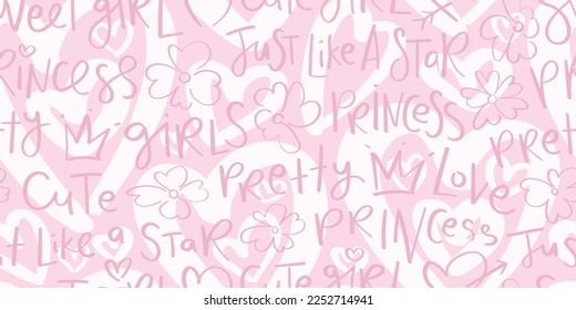 Princess text. Crown, heart and flower drawing on pink. Seamless pattern repeating texture background design. Vector illustration cover.