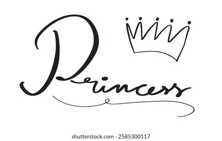 Princess text font calligraphy hand written lettering script black color sign symbol decoration ornament fashion royalty girl crown child print symbol design king fairy tale art drawing princess love