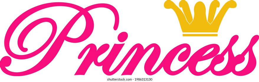 Princess text for girls in different designs and for print. Pink design. Crowned Princess lettering. Vector illustration